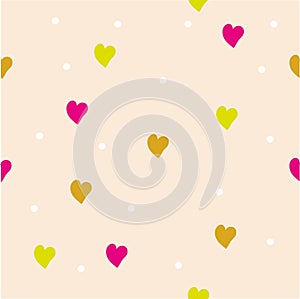 Seamless pattern with gold, red and yellow hearts on a beige background.